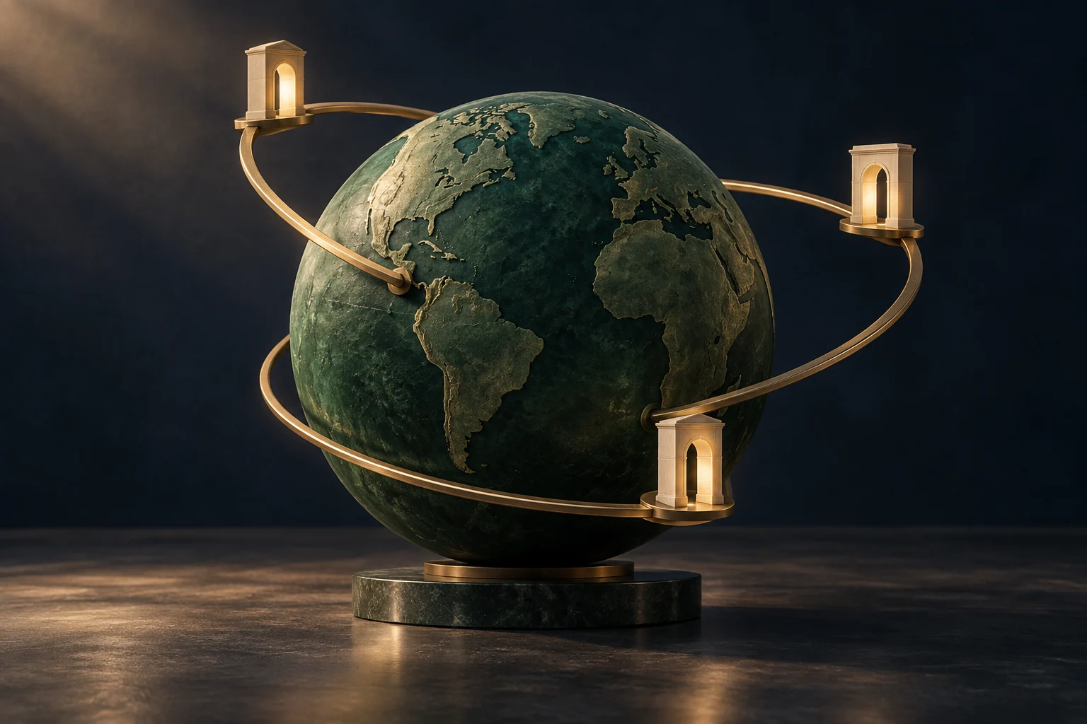 A green globe connected to gateways by brass orbital bridges