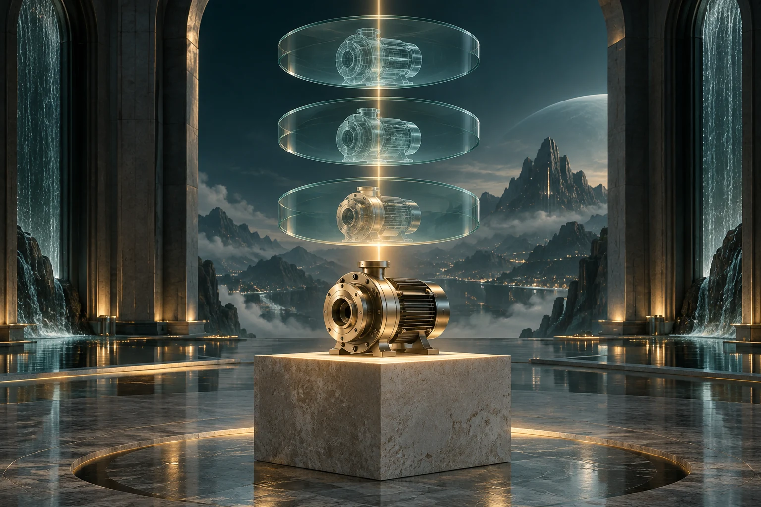 An industrial product displayed in a monumental archive hall beneath luminous transparent revision layers