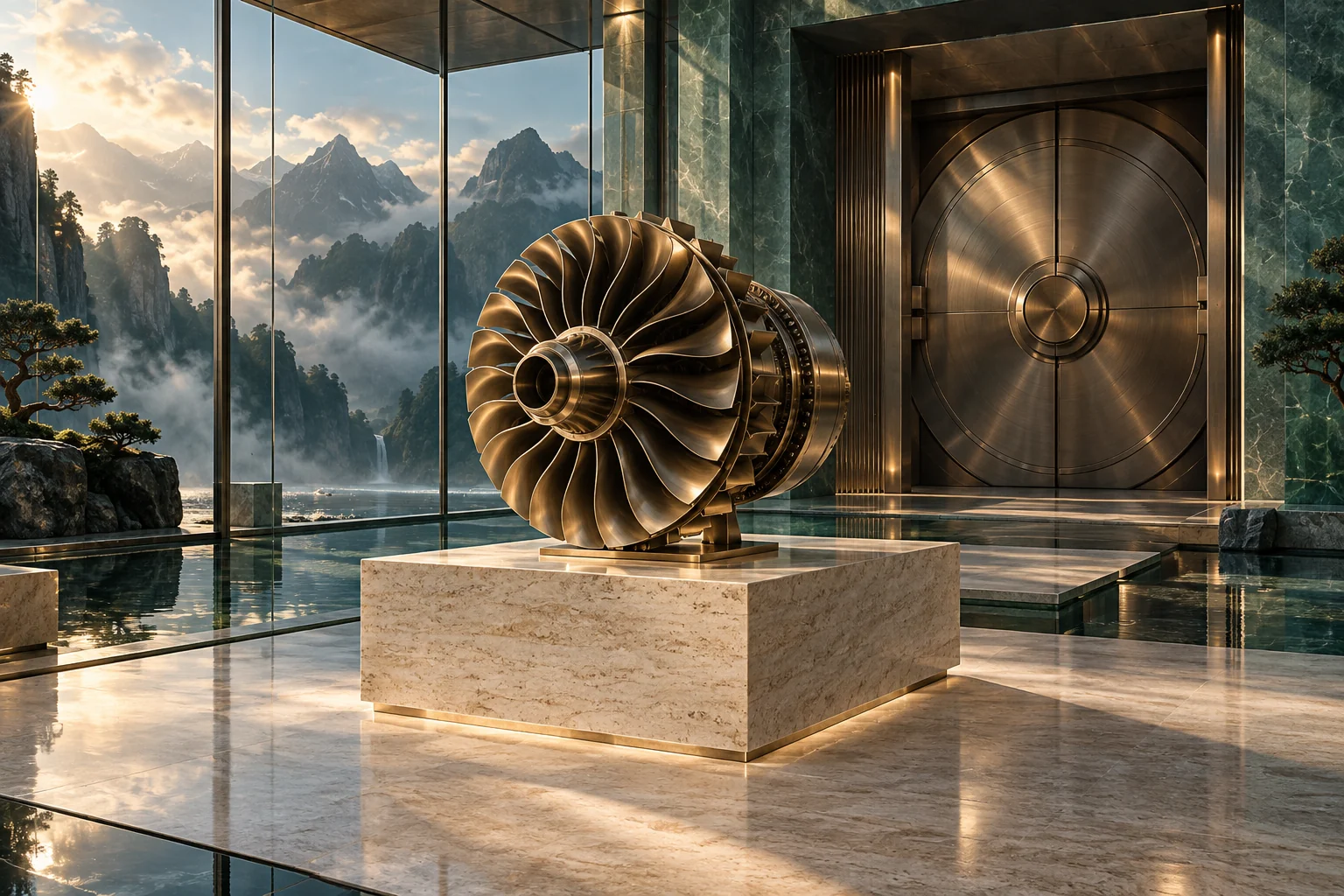 A bronze turbine in an open glass pavilion beside a closed archive door