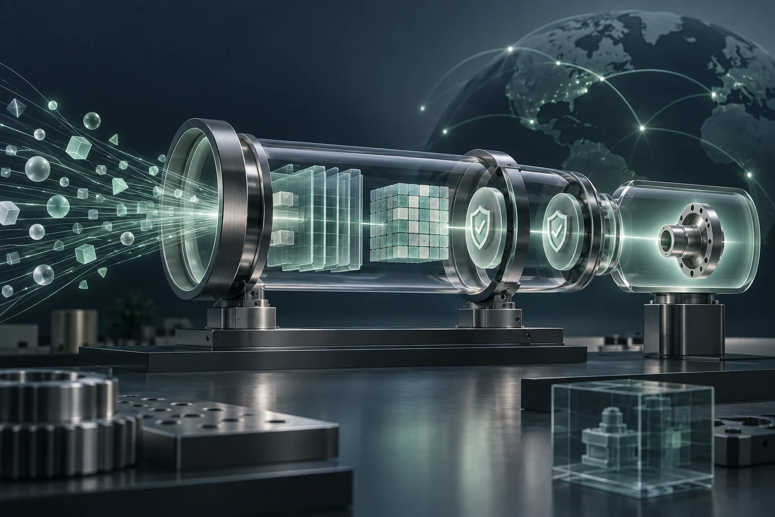 A precision measurement pipeline turns digital signals into a verified industrial business connection