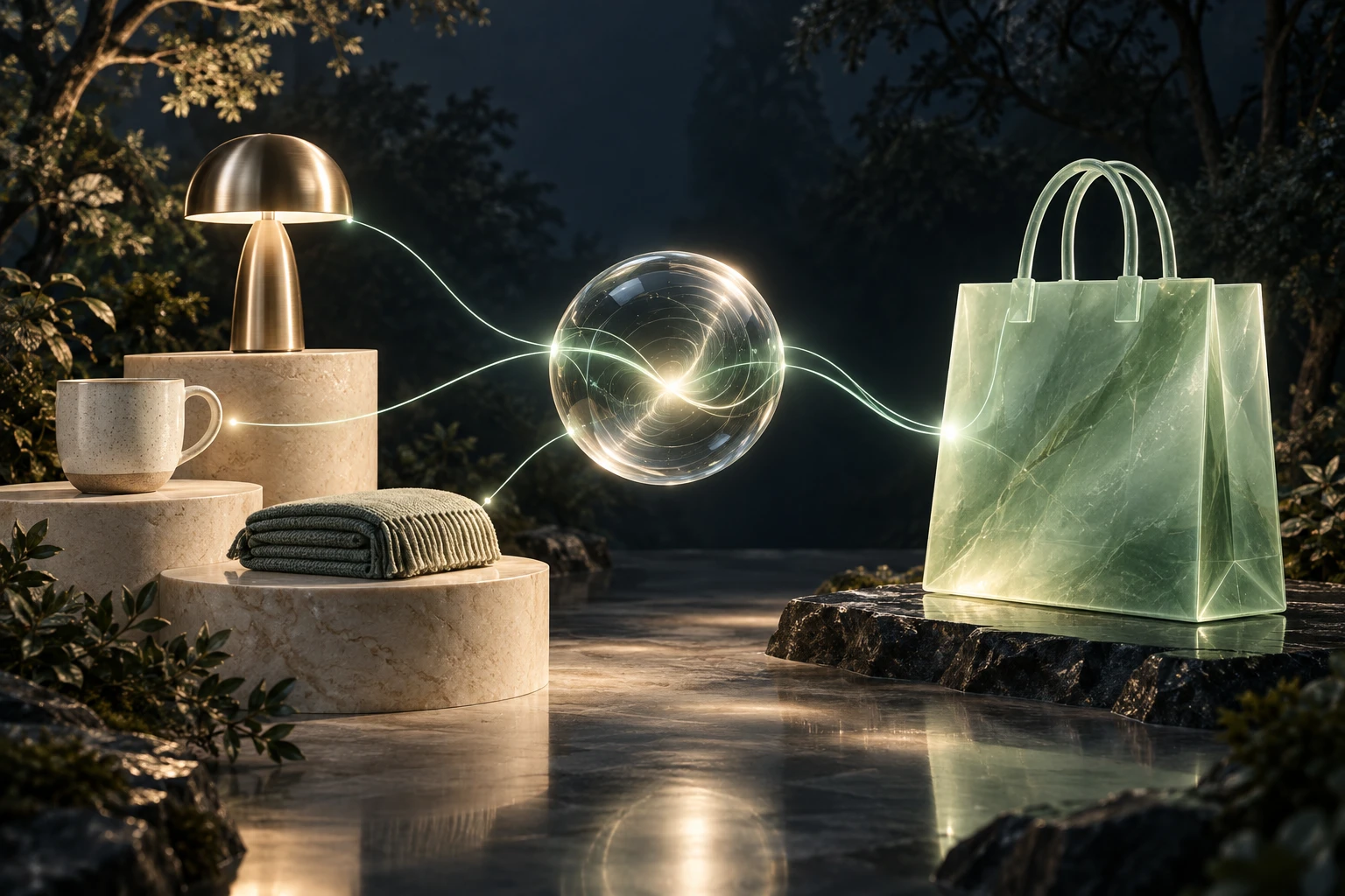 Products connected to an intelligent shopping destination in a glass and stone composition