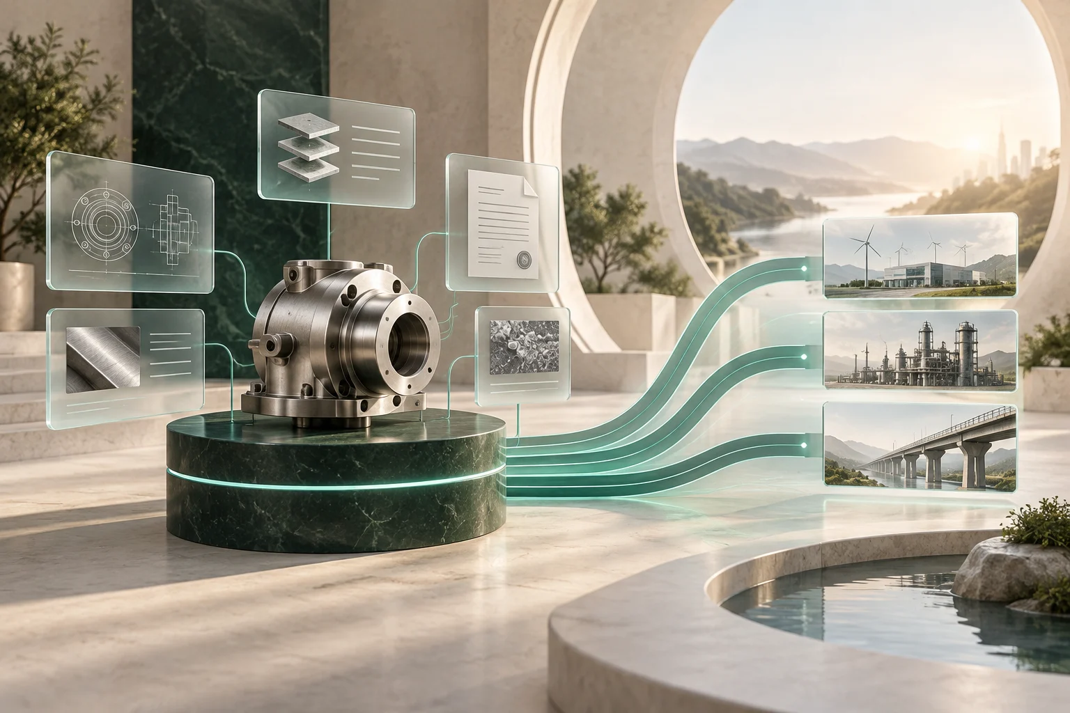 Industrial component connected to specifications, evidence records and buyer destinations