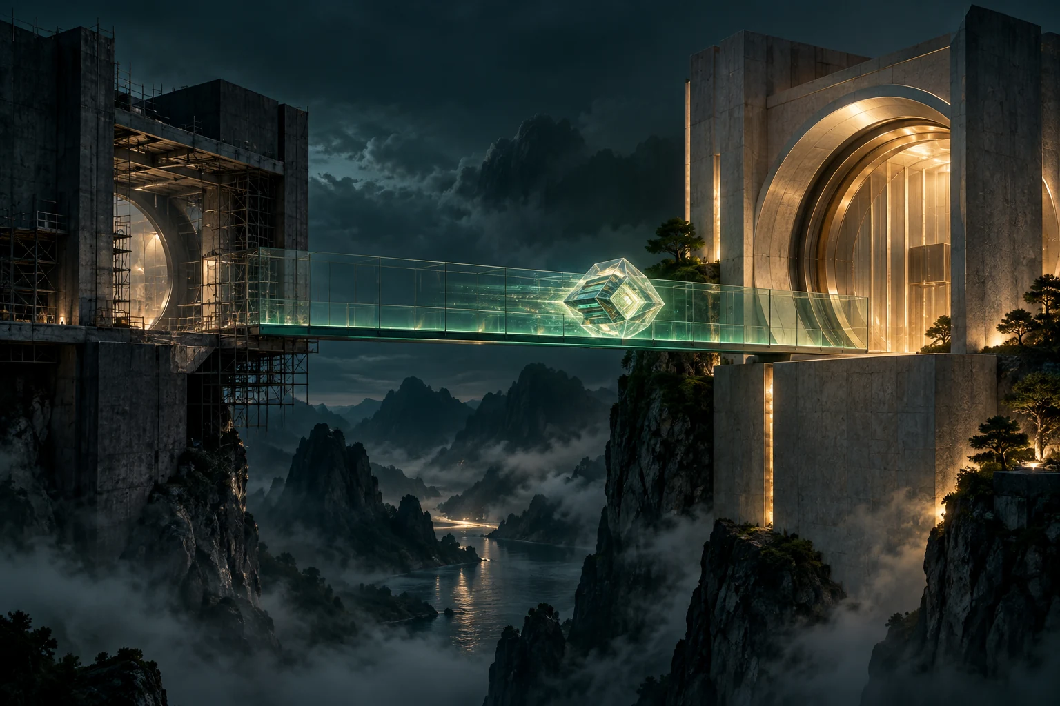 A crystalline digital core crossing a glass bridge from an unfinished structure into a secure illuminated vault