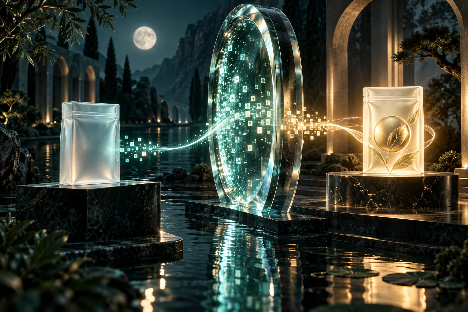 An unbranded package passing through a luminous crystal portal into a verified connected product