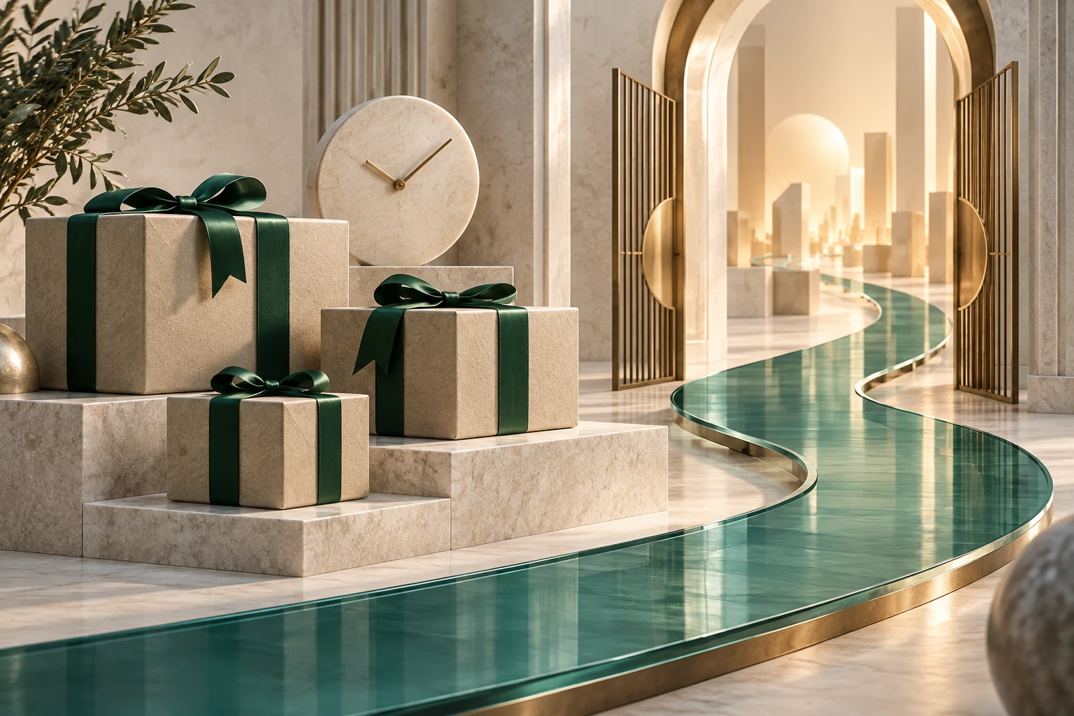 Gift parcels on stone platforms follow a translucent path toward an illuminated delivery gate