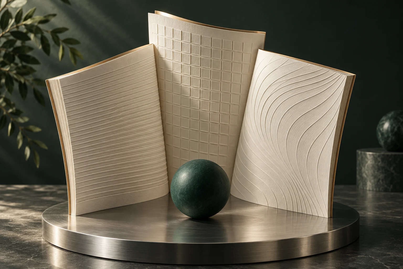 Three sculptural paper folios with different embossed patterns around a shared sphere