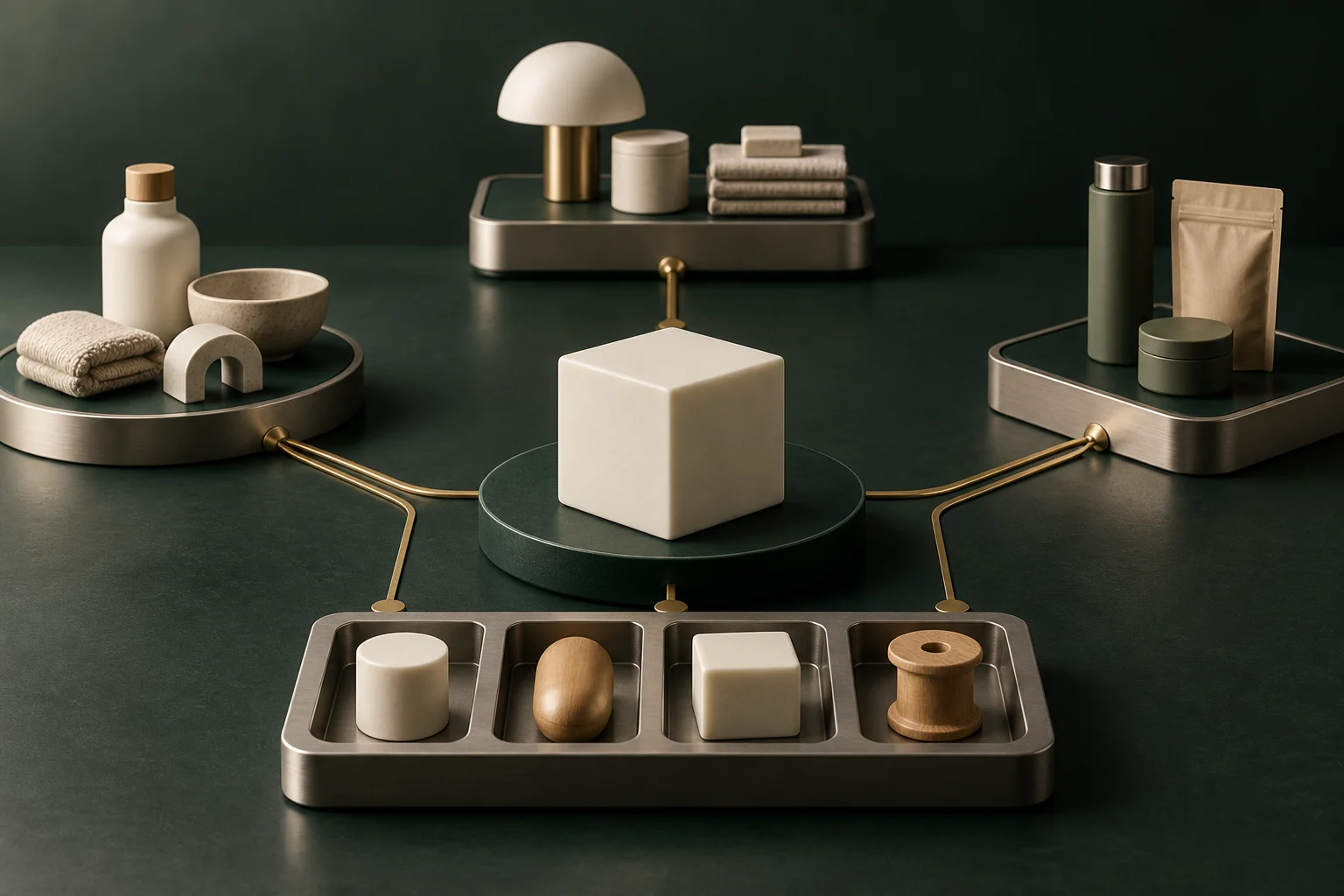 A central product data core connected to ordered collections of products